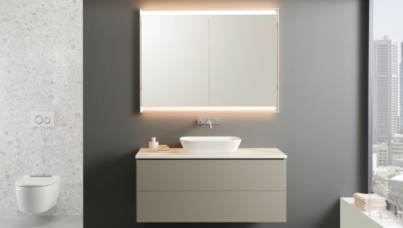 Geberit ONE lay-on washbasin with vanity unit in beige Geberit ONE lay-on washbasin with vanity unit in beige