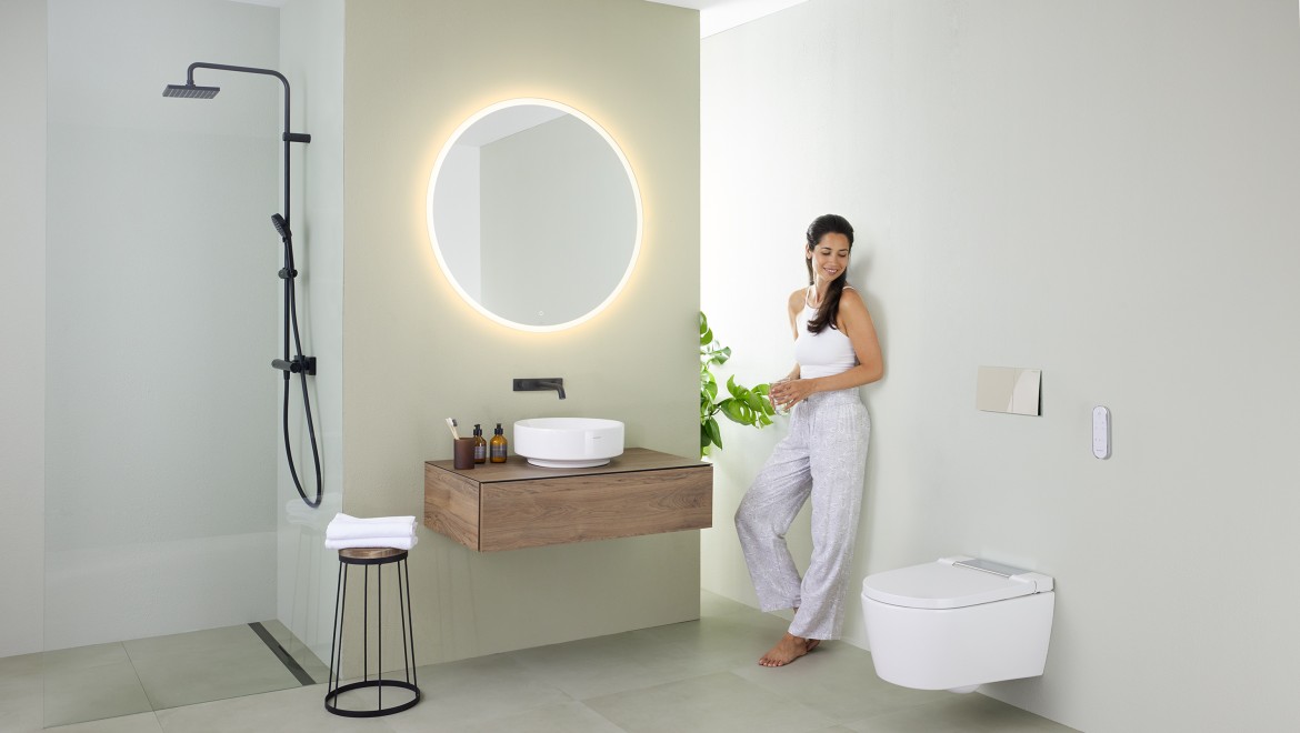 Woman in a minimalist bathroom