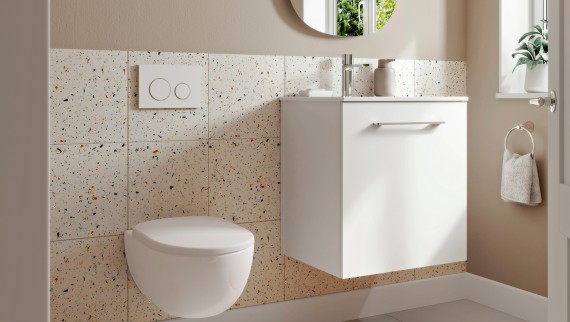 Small Geberit Selnova bathroom with wall-hung WC and washplace