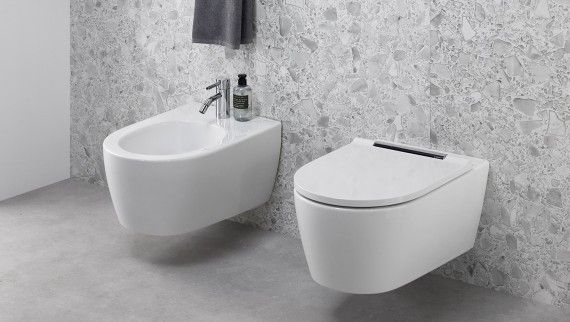 Bidet and WC from the Geberit ONE bathroom series Bidet and WC from the Geberit ONE bathroom series