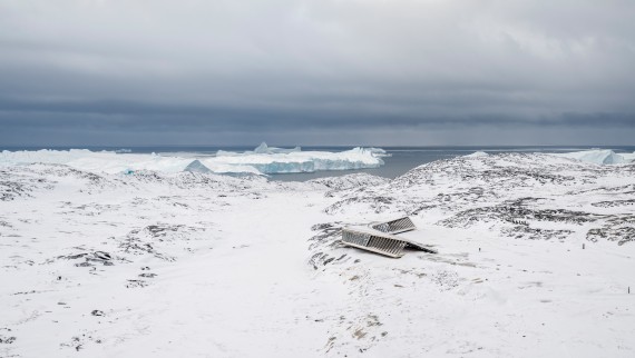 The Ice Fjord Centre is the only building in the middle of the icy landscape (© Adam Mørk)