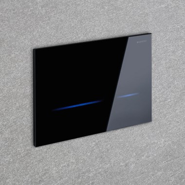 The Geberit Sigma80 actuator plate triggers the toilet flush automatically.