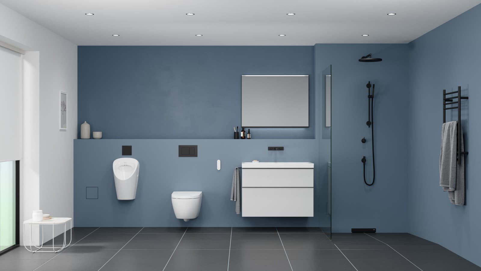 Bathroom with urinal, WC, washbasin and shower Bathroom with urinal, WC, washbasin and shower